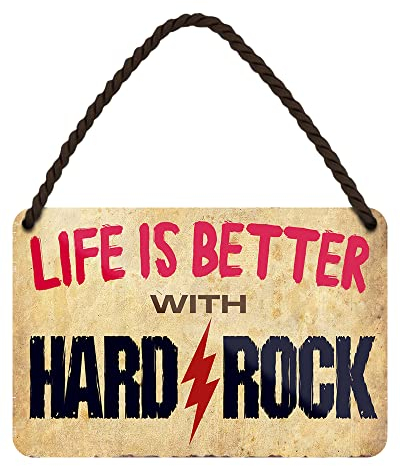 Hängeschild - Life is Better with Hard Rock - Metallschild mit Kordel und Saugnapf - Geschenk für Fans von Heavy Metal Rockmusik Punk Grunge - Deko Schild Proberaum Werkstatt Garage Arbeit - 18x12cm