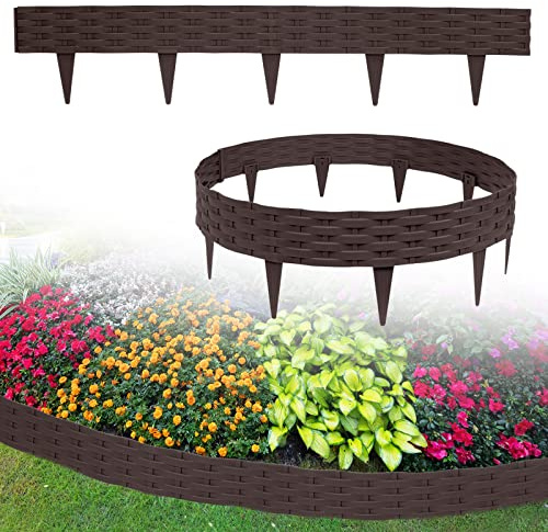 UISEBRT Rasenkante Kunstoff 40m Beeteinfassung Gartenzaun Beetumrandungen Rattan-Optik Randsteine Palisaden Garten Dekorativ Border Blumenbeet Gartenpalisade, Braun