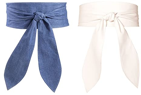 FEOYA Wickelgürtel Damen Party Kleidgürtel Hochzeit Obi Breiter Gürtel für Kleid Damen Schärpe Gürtel Denim Leder Brautgürtel Bindegürtel Taillengürtel Elegante Wickel zum Schnüren Weiß+ Blau L