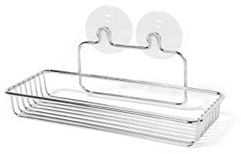 HOME Mensola Rettangolare in Filo Cromato con Ventose, 26x13x7,5cm, Accessorio Doccia