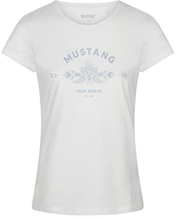 MUSTANG Damen Tshirt Rundhals O-Neck Basic Kurzarm Logo Print Sommer Shirt | 100% Baumwolle Weiß Blau Grün Rot S M L XL XXL