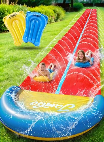 Jambo Extra Lange Rutsch- und Wasserrutsche mit 2 Bodyboards, robuste doppelte Wasserrutschbahn mit aufblasbarem Aufprallkissen, Outdoor-Wasserspielzeug für den Garten, 32 Fuß XXL-Rutsche