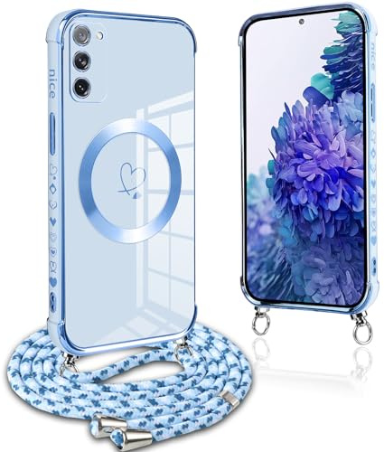 Pnakqil Coque Magnétique pour Samsung Galaxy S20 FE 5G Con Cordon, Compatible avec MagSafe, Silicone Housse avec Motif Coeur d'amour Réglable Collier Lanyard, pour Samsung S20 FE 5G 6.5, Bleu