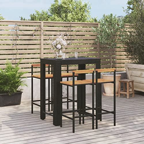 LAPOOH 5-TLG. Gartenbar-Set, Outdoor Möbel Wetterfest, Gartenmöbel Set, Bartisch Set, Outdoor Bar, Garden Furniture, Gartenbar Outdoor, Schwarz Poly Rattan & Massivholz Akazie