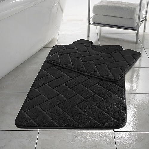 PARADISE STAR Block Memory Foam Bath Mat Extra Absorbent, Soft & Comfortable, Non Slip Bathroom Rug and Pedestal Bath Mat Set COLOUR BLACK