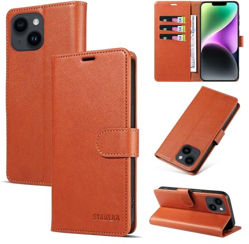 STAWLKA Case for iPhone 13 Mini, Premium PU Leather Flip Magnetic Buckle Wallet Case Kickstand Blocking RFID Shockproof Protective Phone Cover for iPhone 13 Mini - Brown