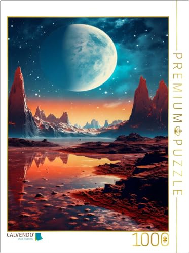 Puzzle · Mond Steht über einem steinigen Planeten | Ein Mondaufgang auf einem anderen Planeten · 1000 Teile · Lege-Größe 64 × 48 cm · CALVENDO Puzzle