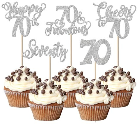 SYKYCTCY 30 Pack 70th Birthday Cupcake Toppers Glitter Seventy Fabulous 70 Cheers to 70 Cupcake Picks Happy 70th Birthday Cupcake Decorations Anniversary Party Supplies Silver
