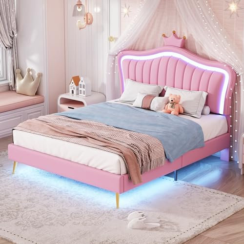 VSOGA Kinderbett Polsterbett 140x200 cm, Bettgestell für Mädchen, Kronen-Doppelbettgestell aus Rosafarbenem PU-Leder mit LED-Leuchten, Lattenrost und Rückenlehne (Matratze Nicht enthalten)