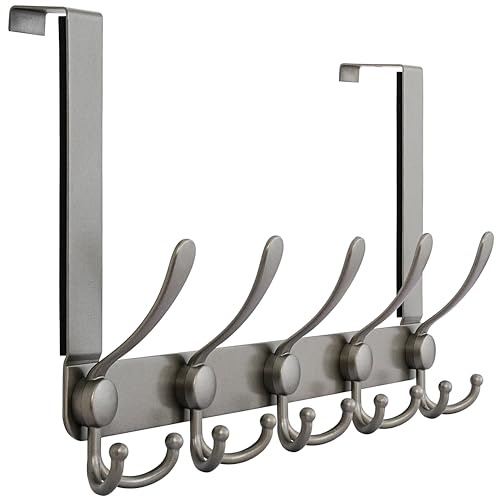 Dseap Over The Door Hook Hanger - Fits 35mm to 45mm Doors | 5 Tri Hooks Heavy Duty Towel/Coat Rack | Door Organizer for Clothes, Jackets, Hats, Towels, Grey