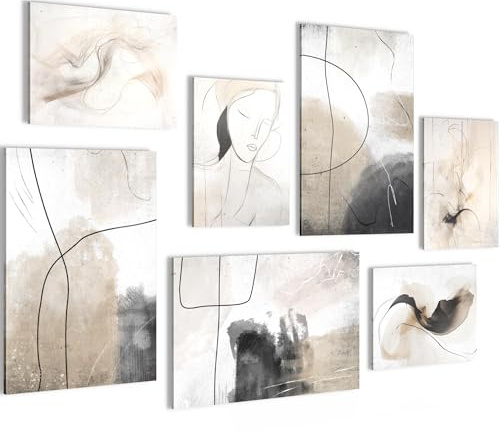 Novart Wandbilder Set Abstrakt Beige Grau - KEIN EXTRA RAHMEN BENÖTIGT - Modern Deko - Wohnzimmer Schlafzimmer Flur N028672a