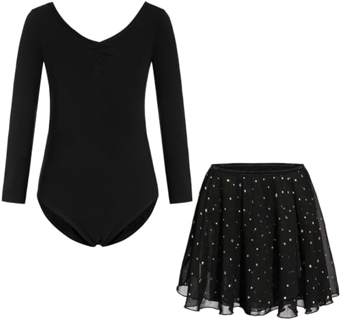 FONLAM Ballettkleid Balletttrikot für Mädchen Tanzkleid Turnanzug Langarm Ballettanzug Glitzer Ballettrock Kinder (10-11 Jahre, Schwarz)