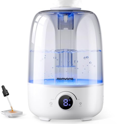 Homvana Luftbefeuchter Schlafzimmer Topfill, 360° Cool Mist(4L,Weiß) | Raumbefeuchter 40H Runtime, Diffuser, Luftbefeuchter Kinderzimmer, Pflanzen, Baby, BPA Free, Aroma