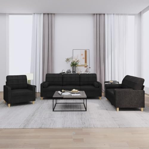 Azzrora Couchgarnitur Wohnzimmer, Wohnzimmer Sofa, Wohnzimmer Couch, Sofa Couch, Sofa Modern, 3-TLG. Sofagarnitur mit Kissen Schwarz Stoff