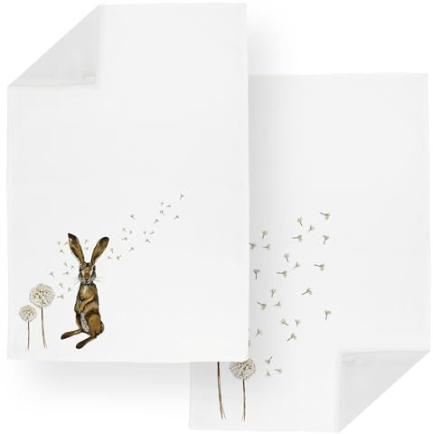 Purely Home Hares & Dandelions Tea Towels Set - Large Floral Wildlife Kitchen Gift Set - Pack of 2 Panama Cotton Dish Towels/Drying Cloths - 67cm x 45cm