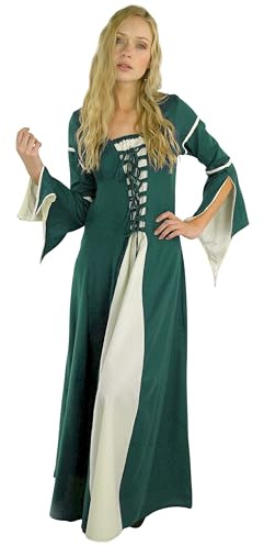 Leonardo Carbone® Damen Kleid Larissa | Trompetenärmel Design | Schnürung Brustbereich | Karneval, Halloween, Cosplay, LARP, Mittelalter, Gewand, Kostüm | 100% Viskose Grün/Natur 2XL