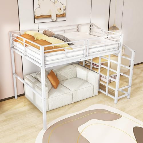 YESGIGA Hochbett 140 x 200 Stabile Metallkonstruktion mit geräumigem Stauraum unter dem Bett und Treppe Ideal für Kinder und Erwachsene Stauraumbett (Weiß)
