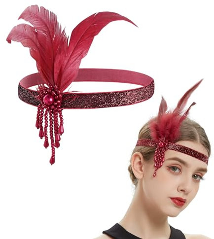 Yphzmtz Bandeau à plumes des années 1920 - Tendance - Bling - Strass - Accessoire de cheveux pour femmes et filles - Costume de Gatsby - Fête à thème - Cocktail (rouge, taille unique)