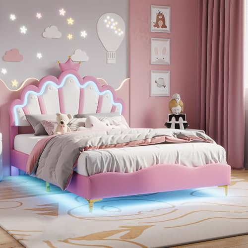 Générique Lit Enfant Rembourré 140x200 cm avec LED, lit Double pour Fille, Bed d'Adolescent avec Tête de Beds Réglable en Hauteur Princesse Couronne et Sommier à Lattes, PU (Rose-029-140)
