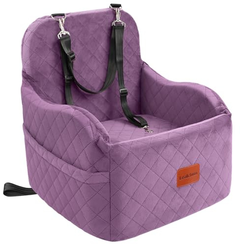 Lealchum Hunde-Autositz für kleine/mittelgroße Hunde, weicher tragbarer Welpensitz mit erhöhtem Kissen, vollständig Abnehmbarer und waschbarer Haustier-Autositz mit 2 Hundeleinen (Purple, Medium)