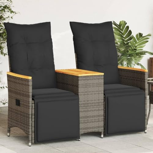 IKAYAA Balkonmöbel Set mit integriertem Tisch, Verstellbare Hochlehner Stühlen, Polyrattan Gartenbank 2-Sitzer, Gartensofa 2-Sitzer, Balkon Sitzgruppe, Grau, Akazienholz Tisch