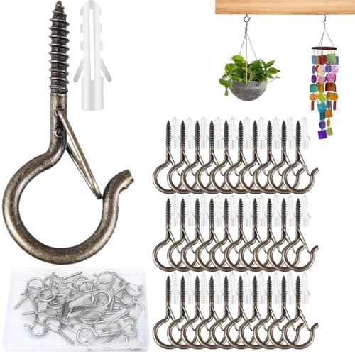 AGOISET 30 Pezzi ganci a vite, ganci a vite per legno con fibbia sicurezza, ganci da soffitto per appendere oggetti, piante, casette uccelli, campanelli eolici e lucine esterno (Bronzo)