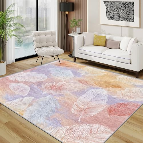 TerroVee Federn Teppich, Pastellfarben Feder Teppiche rutschfest Waschbar Weich, Modern Einfach Wohnzimmerteppich Schlafzimmer Jugendzimmer, 120x180 cm, Rosa Lila Gelb
