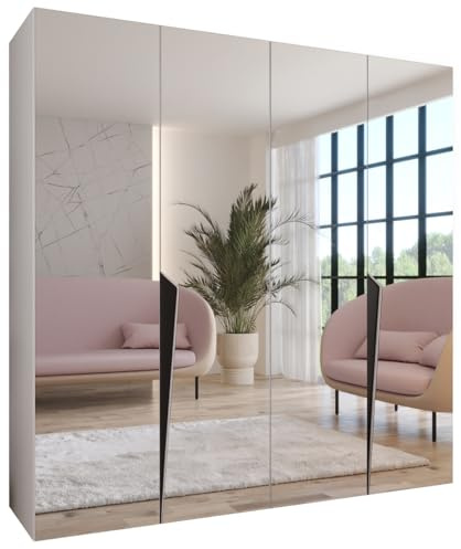 MEBLE KRYSPOL - Kleiderschrank - Garderobenschrank - 200 cm x 202 x 52 cm - Schrank mit Kleiderstange und Spiegel, 4 Türen - für Schlafzimmer, Flur - Piano, Weiß, Griff Schwarz