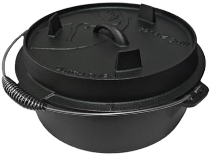 GEDA Grill Dutch Oven 5.6L ohne Füße, Gusseisentopf Feuertopf aus Gusseisen, pre-seasoned Schmortopf für Grill, Feuer, Backofen & Induktion - Deckel als Grillpfanne nutzbar, inkl. Deckelheber