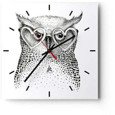 Modern Wanduhr Mode Design Eule Aquarell 30x30cm Quadrat Klein Wand Uhr Glas Analog Zimmeruhren Küche Büro Wohnzimmer Glasuhr Wall Clock Dekoration Design Wanddekoration Küchenuhr C3AC30x30-3124