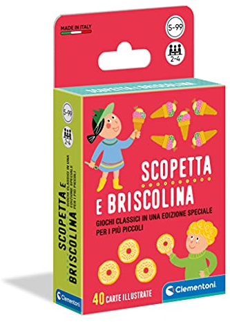 Clementoni - Scopetta e Briscolina, Mazzo di 40 Carte Semplificate e Illustrate, Gioco da Tavolo per Bambini 5+ Anni e Tutta la Famiglia, 2-4 Giocatori, Made in Italy, Lingua Italiana, 16633