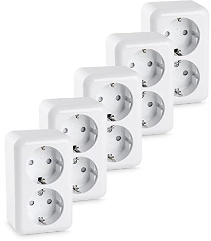 HEITECH 5x Double prise murale - Prise electrique double avec protection pour enfants 250 VAC 16A IP20 - Bloc prise saillie intérieur - Prise de courant en saillie avec terre