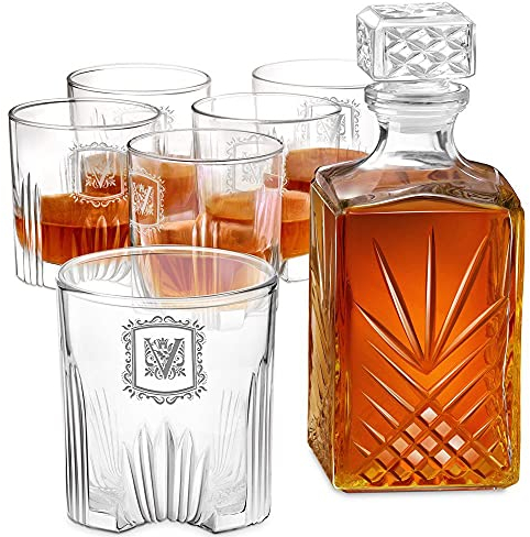 Maverton Ensemble de Carafe en cristal et 6 verres gravés - Whisky set pour gentleman - Cadeau d’anniversaire pour homme - Décanteur avec 6 verres personnalisés - Classique