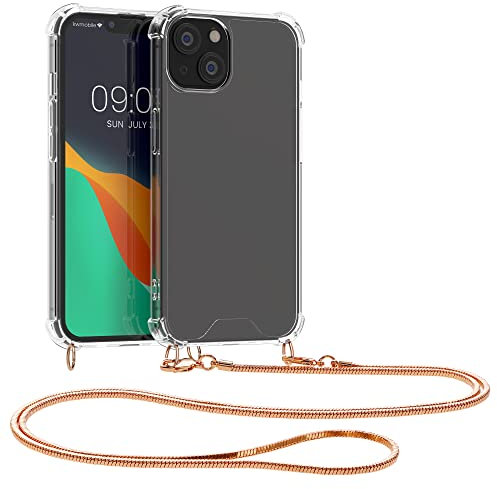 kwmobile Case Compatible with Apple iPhone 13 - Crossbody Case Clear Transparent TPU Phone Cover with Metal Chain Strap - Rose Gold/Transparent