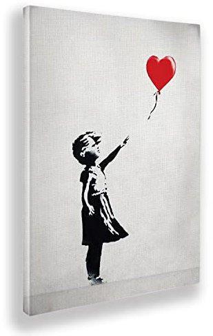 Giallobus - Gemälde - Banksy - Baby Mädchen roter Herzballon - Leinwand mit Standardrahmen - 50L x 70l cm - Bereit zum Aufhängen - Moderne Gemälde