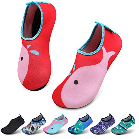 SAGUARO Mädchen Badeschuhe Kinder Aquaschuhe Jungen Schnell Trocknend Strandschuhe Atmungsaktiv Wasserschuhe Surf Yoga Neoprenschuhe,Rot Delfine,Gr.28/29 EU