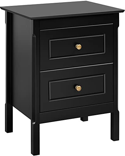 Abician Table de Chevet Noir Table de Nuit Table d'Appoint MDF avec 2 Tiroirs avec Pieds en Bois Massif 48 x 40 x 61 cm