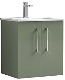 nuie ARN821B Arno Modern Bathroom Wall Hung 2 Door Vanity Unit with Minimalist Ceramic Basin, 500mm, Satin Green
