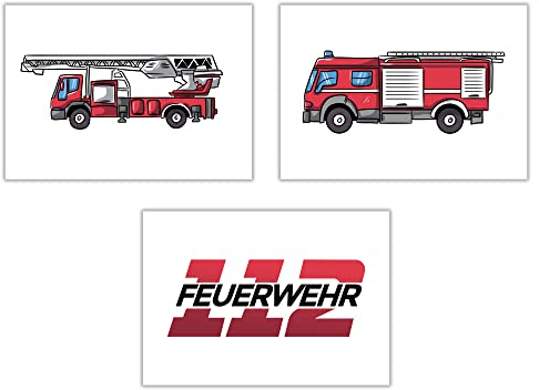 WBdesignz Poster Kinderzimmer Junge Bilder Babyzimmer Jungenzimmer 3er Set Feuerwehr Löschfahrzeug Feuerwehrmann (DIN A4, ohne Rahmen)