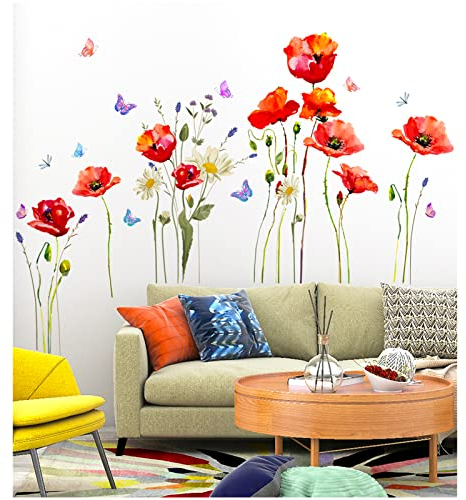 Fiori Giardino Adesivi da Parete,Tianher Papaveri Sticker Autoadesivo della parete della Fiore Farfalla Decorazione murale per soggiorno camera da letto divano sfondo