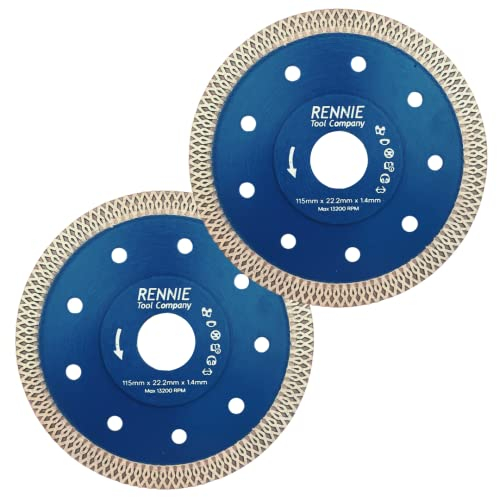 2 x Rennie Tools 115mm Diamond Cutting Discs for Angle Grinder For Porcelain, Tiles, Granite, Marble, Concrete, Stones, Bricks & Ceramics 4.5 Wheel Super Thin Fast Clean Cut. Super Thin 1.4mm