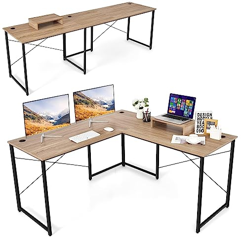 GIANTEX Schreibtisch Eckschreibtisch L-Form Computertisch umkehrbar PC-Tisch mit Monitorständer 2 Kombinationen Computerschreibtisch Winkelschreibtisch Bürotisch Ecktisch Gaming-Tisch (Natur)