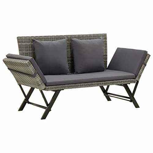 Keketa Gartenbank mit Auflagen Sonnenliege Sitzbank Gartenliege Liege Gartenbank Balkonbank 2-in-1 Tagesbett Beide Seiten sind Verstellbar 176 cm Grau Poly Rattan