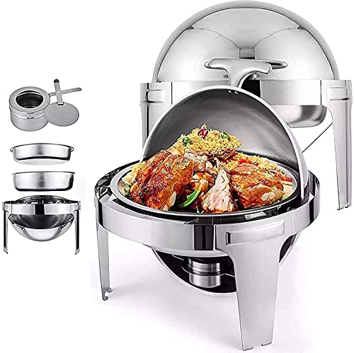 6.8L Roll Top Chafing Dish, Full Size Stainless Steel Chafer And Buffet Warmers Set with Food Pan, Water Pan And Fuel Holders for Wedding, Parties(Round)
