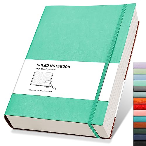 RETTACY A4 Lined Notebook, Leather Softcover Journal, 320 Pages, Mint Green | Notepad for Men Women, 100 GSM Thick Ruled Paper, for School Office Writing - 21.5 × 27.9 cm