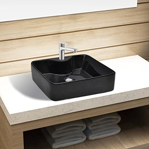 WIFESE Lavandino Bagno Nera Quadrato con Foro per Rubinetto Lavatoio Ceramica Lavandino Bagno Lavabo Da Esterno Lavabo Da Bagno Lavabo In Ceramica Lavabo Da Appoggio Lavabo Lavanderia 48x37x13,5 cm
