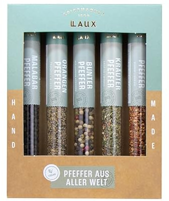 Laux Pfeffer Aus Aller Welt Geschenkbox - 5 Erlesene Gewürze Set - Hochwertiges Salat & Grill Zubehör - Ausgefallene Geschenke für Männer & Frauen