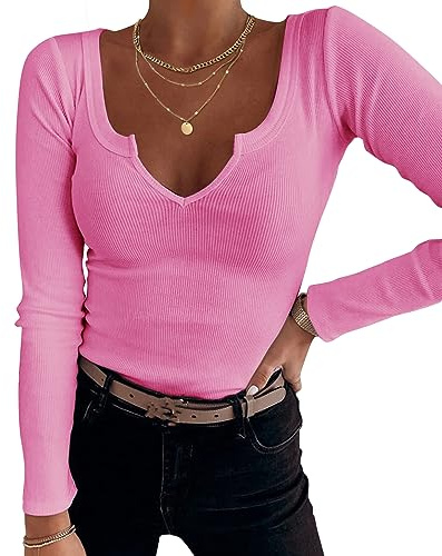 TrendiMax T-shirt à manches longues pour femme - Col en V profond - Stretch - Manches longues - Décontracté - Basique