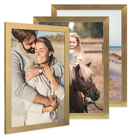 PHOTOLINI Cadre photo A3 30 x 42 cm bois MDF doré, cadre large bord, lot de 3 cadres photo, verre acrylique incassable, décoration murale à suspendre, accessoires supplémentaires
