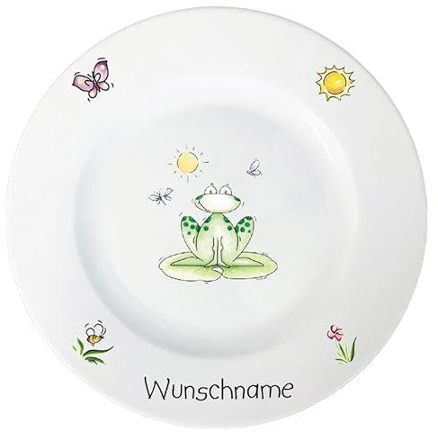 Doriantrade Speiseteller 27cm Kinderteller Teller Porzellan personalisierbar mit Wunschname Name Kindergeschirr mit Namen personalisiert (Frosch)